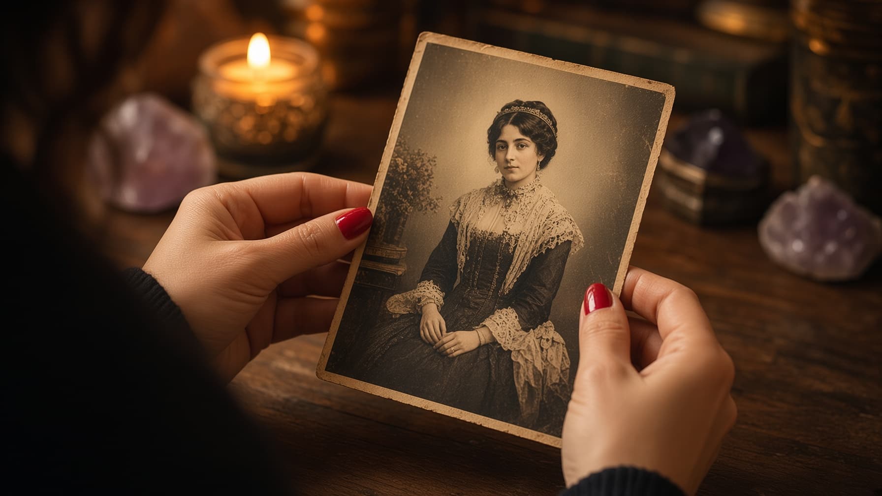 Fotolezen — handen met een foto bij kaarslicht